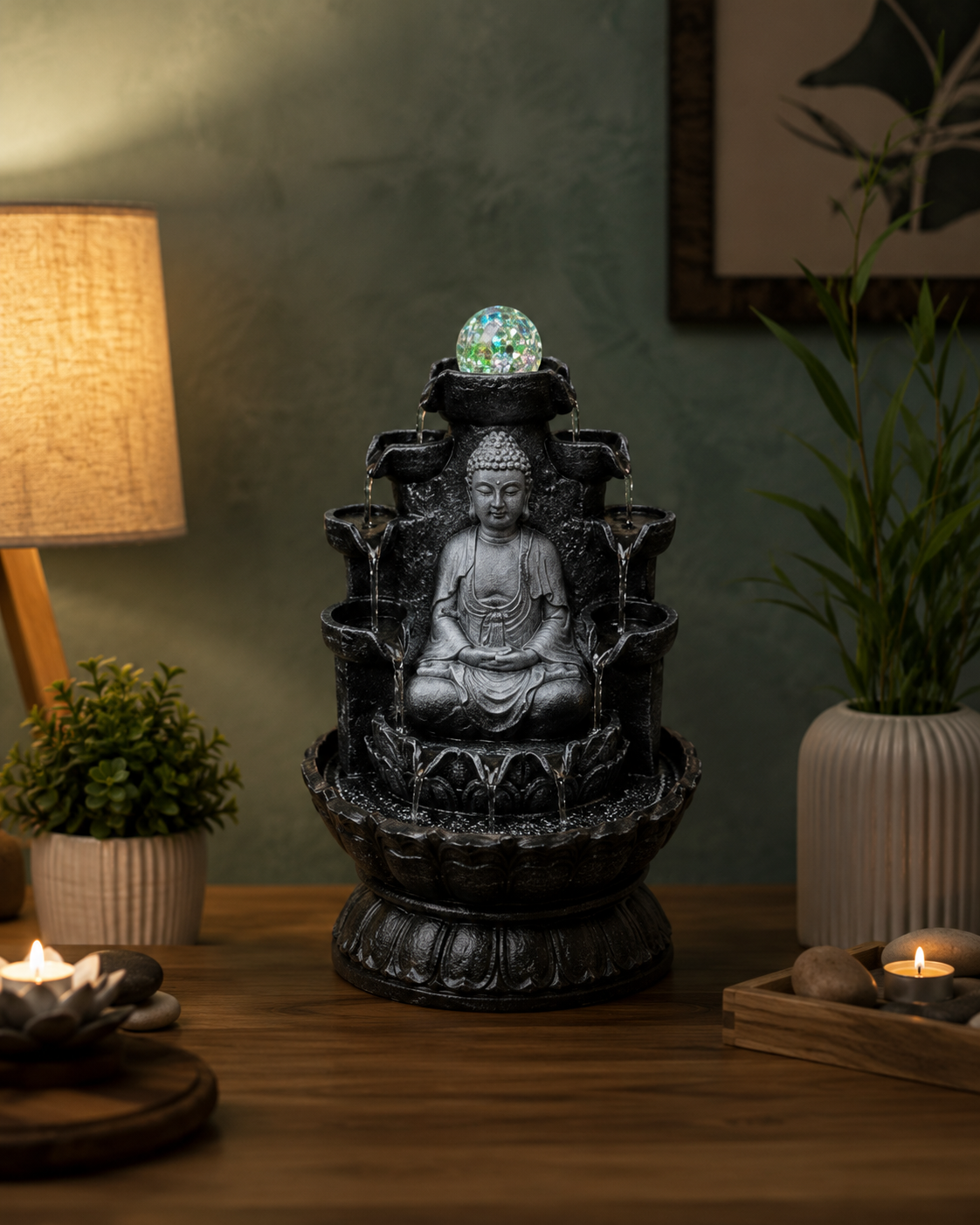 Zen Buddha Indoor Water Fountain with LED Crystal Ball - Image 3