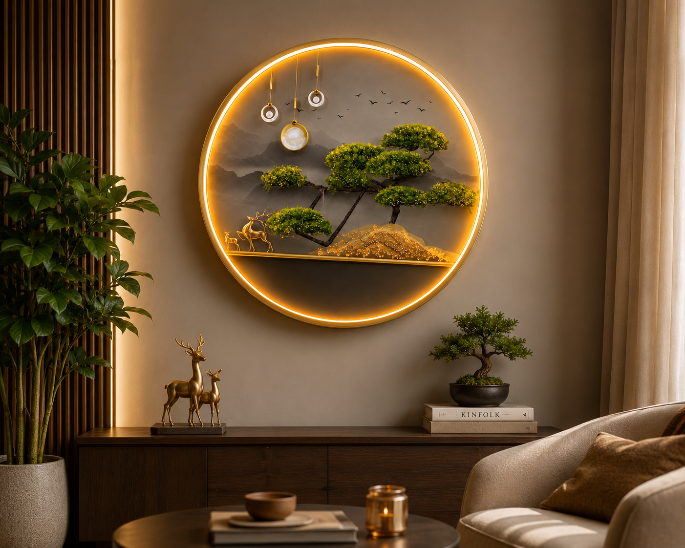 Golden Bonsai Circular LED Wall Art - Image 3