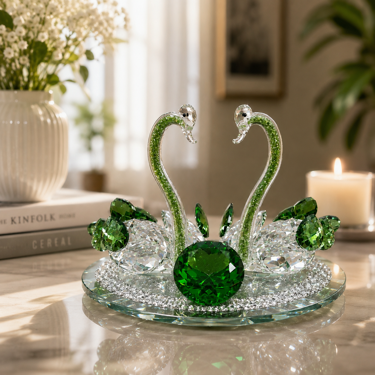 Crystal Emerald Swan Pair Centerpiece - Image 3